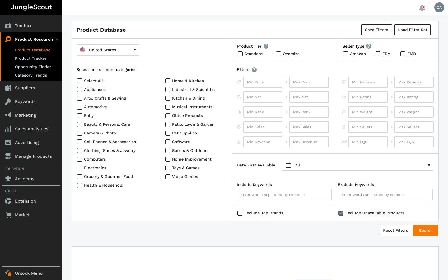 Jungle Scout's post-login landing page